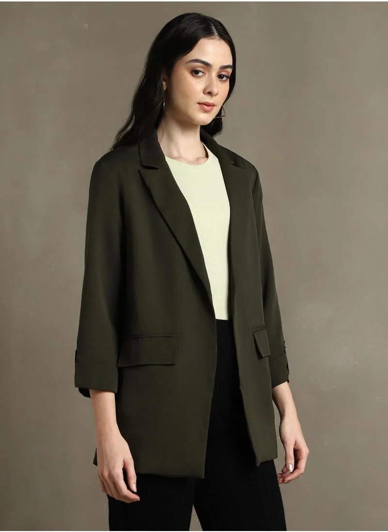 Dennis Lingo Women's Forest Green 100% Polyester Solid Regular Fit Blazer