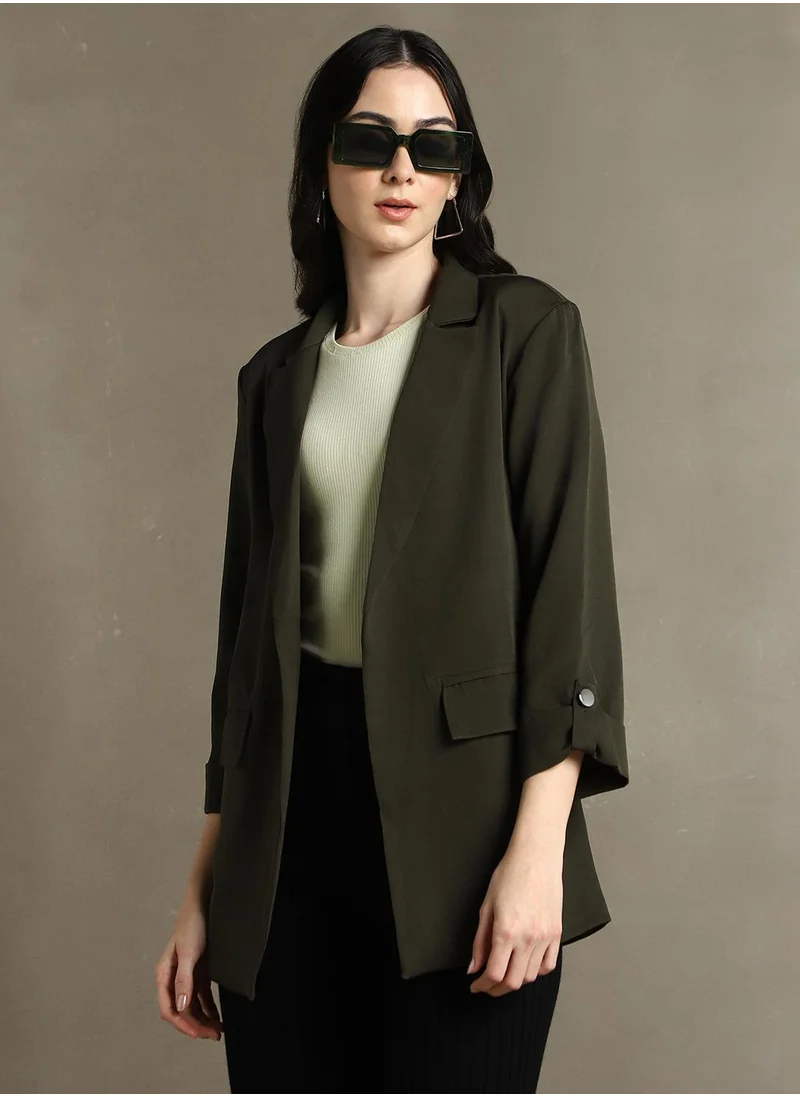 Dennis Lingo Women's Forest Green 100% Polyester Solid Regular Fit Blazer