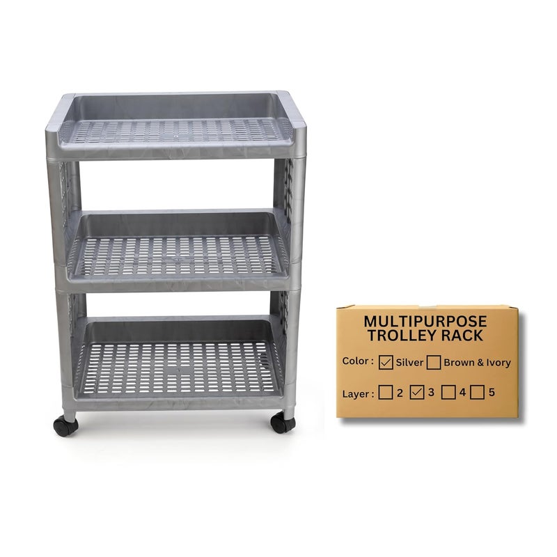 Morbrix 3 Layer Multipurpose Storage Organizer Shelves Plastic Kitchen Trolley Rack Rolling Cart Trolley with Wheels for Kitchen Home Office Silver - Image 1