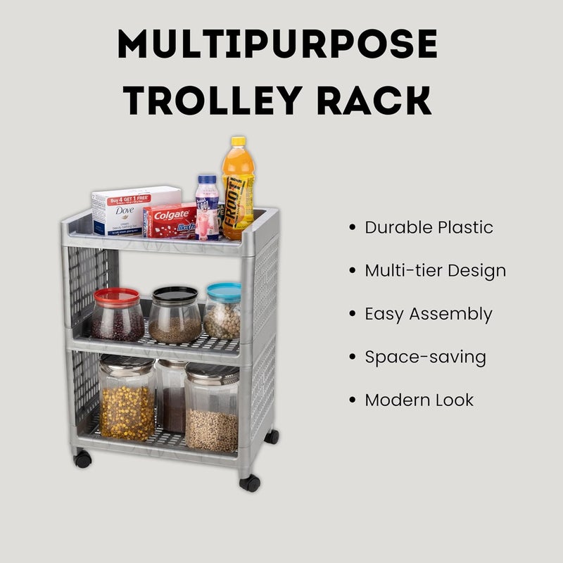 Morbrix 3 Layer Multipurpose Storage Organizer Shelves Plastic Kitchen Trolley Rack Rolling Cart Trolley with Wheels for Kitchen Home Office Silver - Image 3