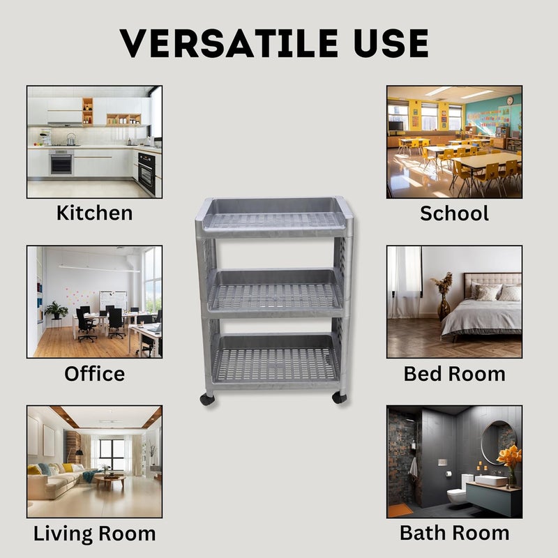 Morbrix 3 Layer Multipurpose Storage Organizer Shelves Plastic Kitchen Trolley Rack Rolling Cart Trolley with Wheels for Kitchen Home Office Silver - Image 4