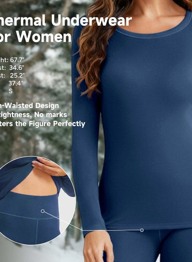 SHARICCA Thermal Underwear Set for Women Fleece Lined Long Johns Lightweight Base Layer Winter Pajamas Shirts & Bottoms, Navy, L - Image 4