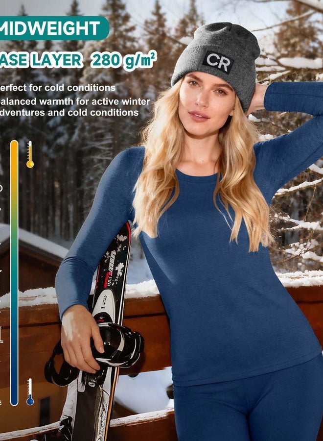 SHARICCA Thermal Underwear Set for Women Fleece Lined Long Johns Lightweight Base Layer Winter Pajamas Shirts & Bottoms, Navy, L - Image 3