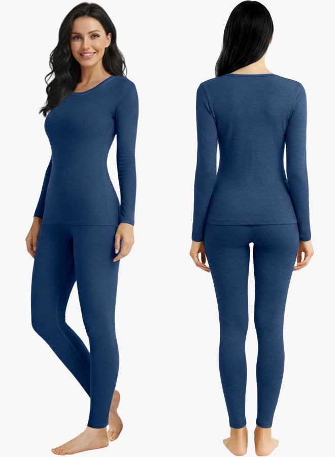 SHARICCA Thermal Underwear Set for Women Fleece Lined Long Johns Lightweight Base Layer Winter Pajamas Shirts & Bottoms, Navy, L - Image 2