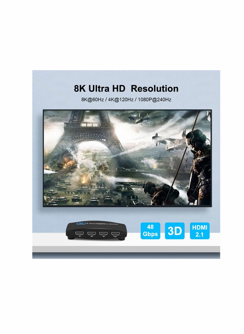 كابل HDMI 2.1 بدقة 8K لجهاز السويتش 3 في 1 إخراج HDMI لجهاز التبديل مع زر ودعم التحكم عن بُعد، سرعة عالية 48Gbps متوافق مع Xbox وPS5/4 وأجهزة أخرى - Image 3