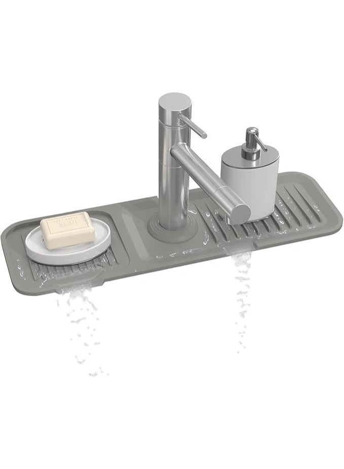 Kitchen Sink Splash Guard 17.7 * 5.5 Inch, Toovem Faucet Handle Drip Catcher Tray, Longer Silicone Sink Faucet Mat, Dish Soap Sponge Holder for Kitchen, Bathroom, Farmhouse, Bar & Rv, Grey  - Image 1
