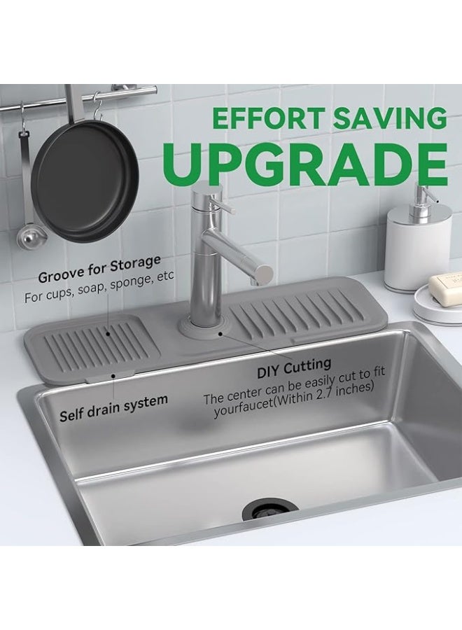 Kitchen Sink Splash Guard 17.7 * 5.5 Inch, Toovem Faucet Handle Drip Catcher Tray, Longer Silicone Sink Faucet Mat, Dish Soap Sponge Holder for Kitchen, Bathroom, Farmhouse, Bar & Rv, Grey  - Image 5