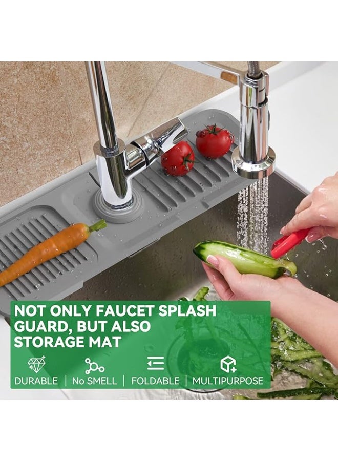 Kitchen Sink Splash Guard 17.7 * 5.5 Inch, Toovem Faucet Handle Drip Catcher Tray, Longer Silicone Sink Faucet Mat, Dish Soap Sponge Holder for Kitchen, Bathroom, Farmhouse, Bar & Rv, Grey  - Image 2