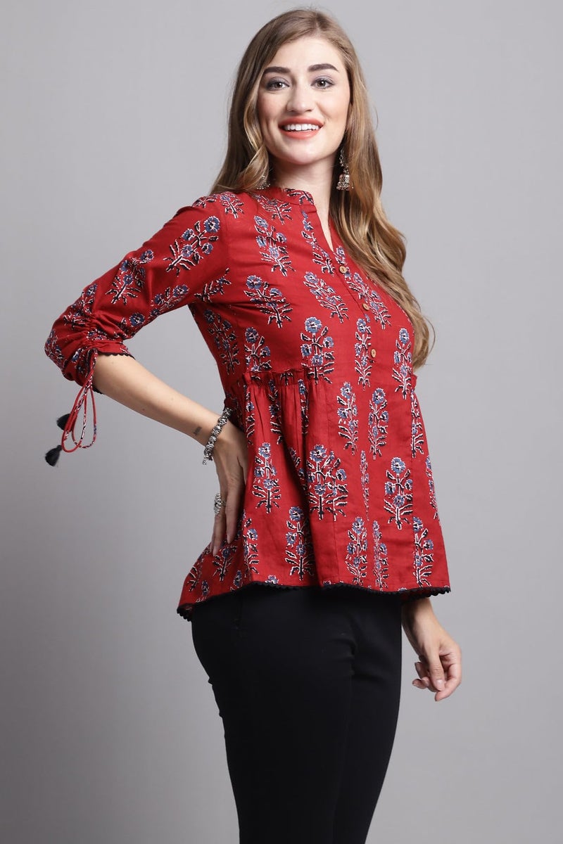 Rajnandini Women's Pure Cotton Jaipuri Printed Short Top (JOPLJPR716-S_Maroon_S) - Image 3
