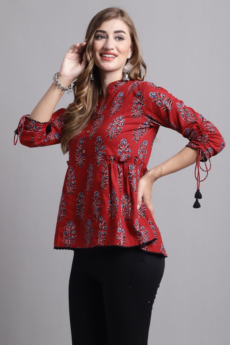 Rajnandini Women's Pure Cotton Jaipuri Printed Short Top (JOPLJPR716-S_Maroon_S) - Image 2