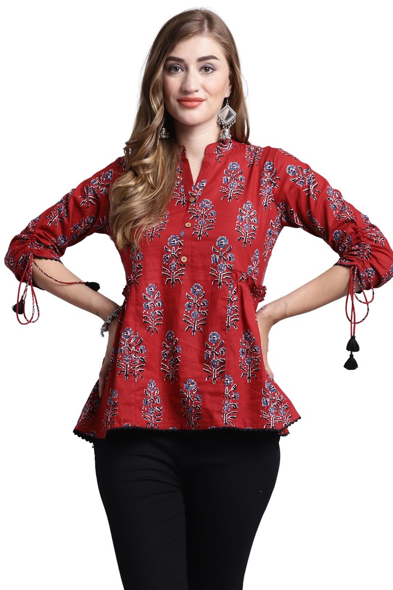 Rajnandini Women's Pure Cotton Jaipuri Printed Short Top (JOPLJPR716-S_Maroon_S) - Image 1