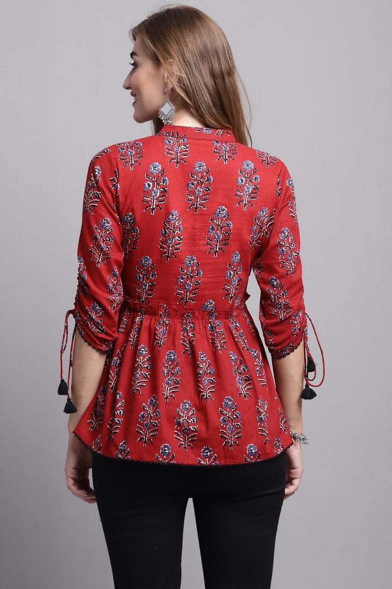 Rajnandini Women's Pure Cotton Jaipuri Printed Short Top (JOPLJPR716-S_Maroon_S) - Image 4