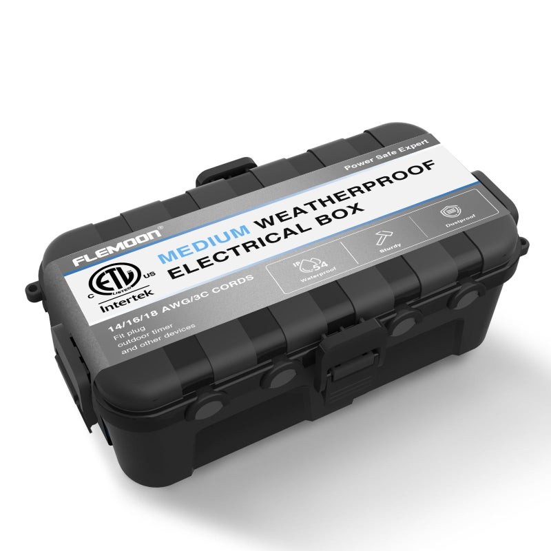 Flemoon Medium Outdoor Electrical Box 115x52x4 inch IP54 Waterproof Extension Cord Cover w6 Cable Entry Ports Weatherproof Connection Box for Power Strip Timer Plug Holiday Lights Black