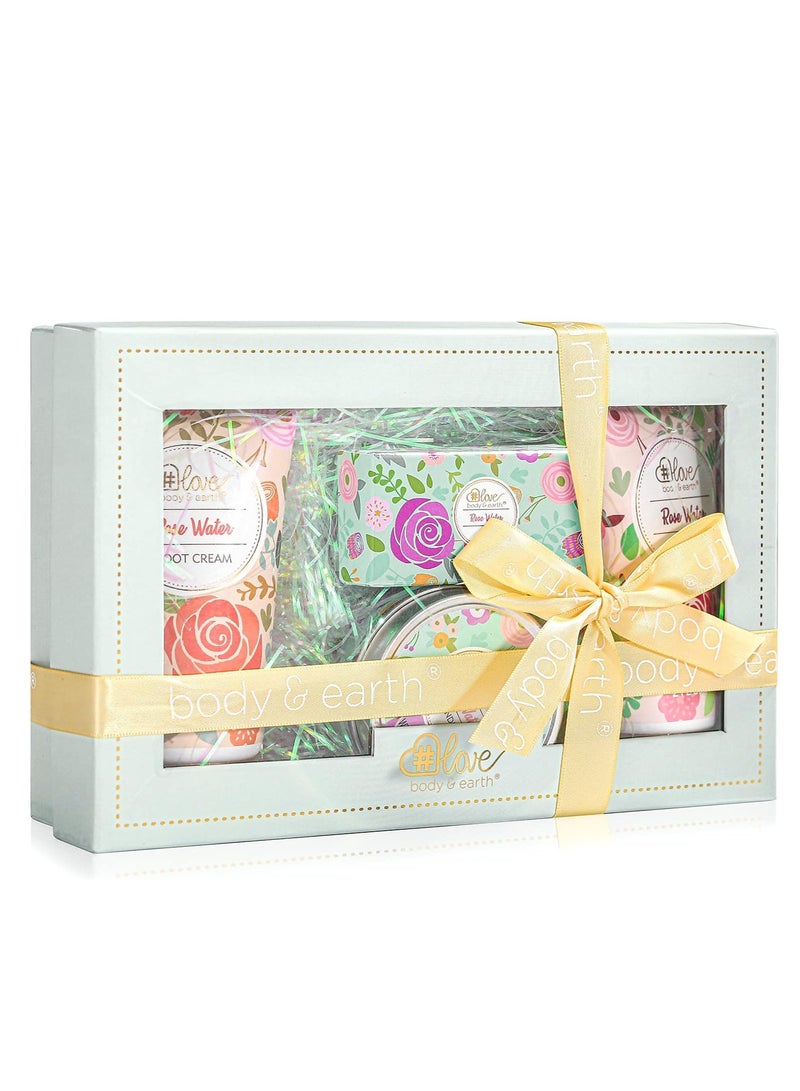 BODY & EARTH 4pcs Rose Water Lotion Gift Set, Hand & Foot Cream, Soap, Scented Candle, Body Care for All Skin Types Skin Care Gift Set for Women  - Image 1