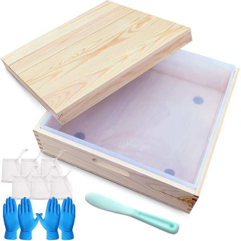 Square soap molds for soap Making Large Size  8L 282OZ 18lb Large Rectangle Soap Mold Silicone  iwith Wood Box and Wooden Cover soap Packaging Gloves Stirring Stick