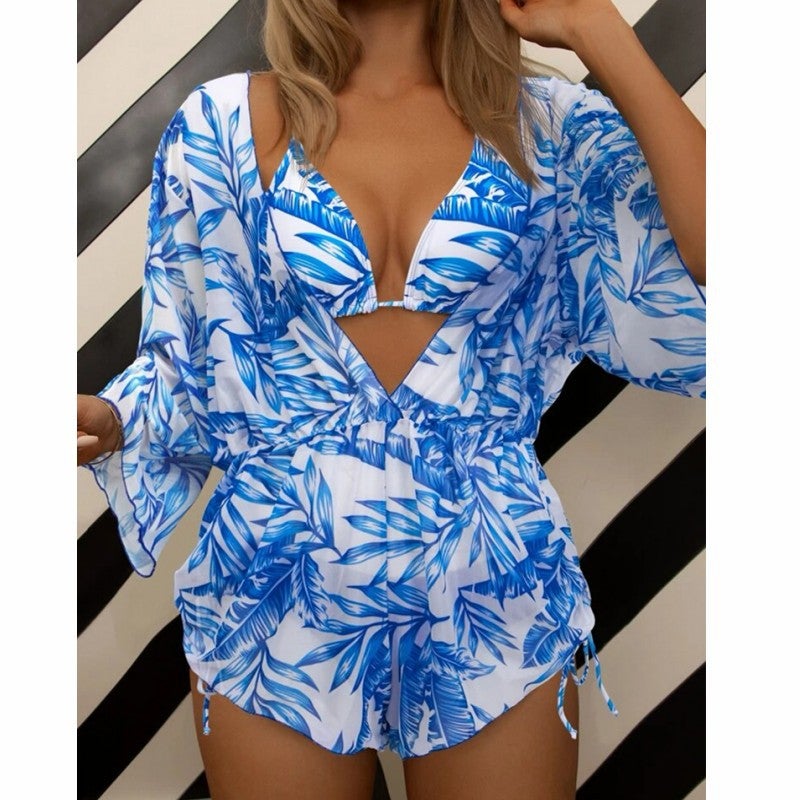 2023 New Three-Piece Bikini Beach Sunscreen Printed Drawstring Blouse Swimwear For Women - Image 1