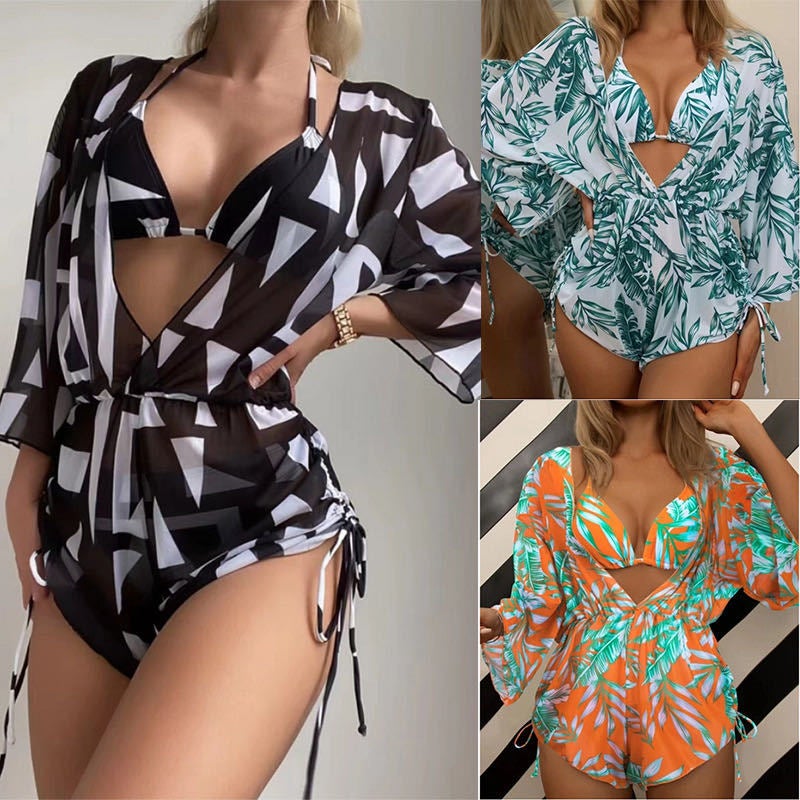 2023 New Three-Piece Bikini Beach Sunscreen Printed Drawstring Blouse Swimwear For Women - Image 2