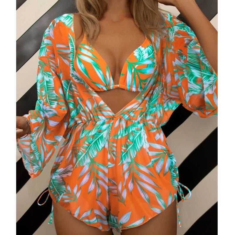 2023 New Three-Piece Bikini Beach Sunscreen Printed Drawstring Blouse Swimwear For Women - Image 5