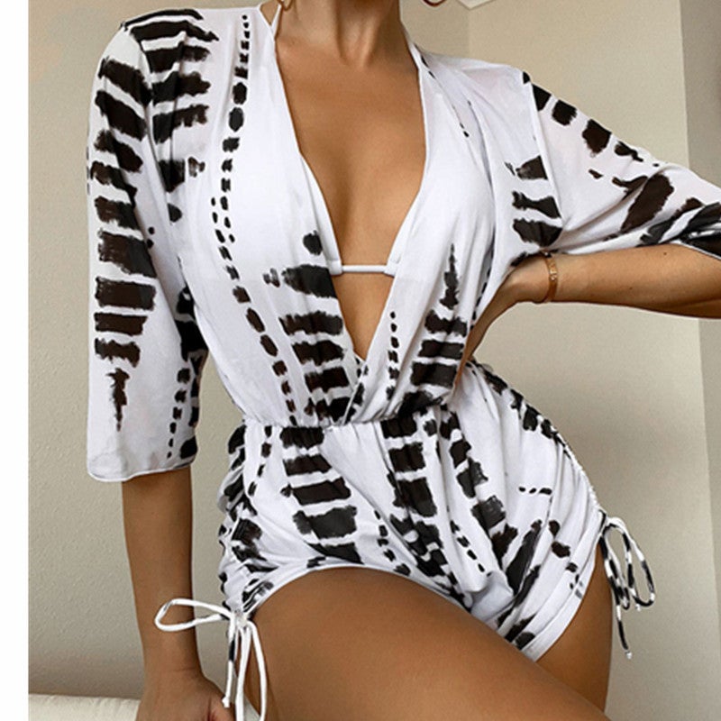 2023 New Three-Piece Bikini Beach Sunscreen Printed Drawstring Blouse Swimwear For Women - Image 3