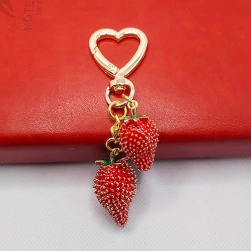 Meimimix Cute Strawberry Keychain Bag Charms Kawaii Heart Key Chains Accessories Decor for Women Girls Purse Handbag Gift (Red) - Image 3