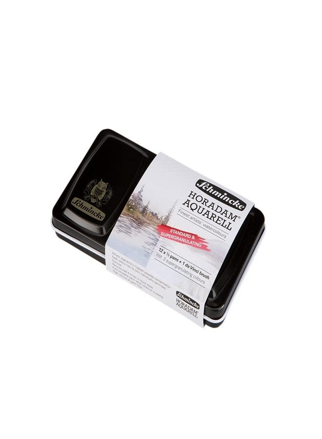 Schmincke - HORADAM® AQUARELL 12 Half Pans - Standard and Super Granulating Colors - and da Vinci Brush, 74630097, Metal Box, Painting Set, 12 x 1/2 Pans - Image 1