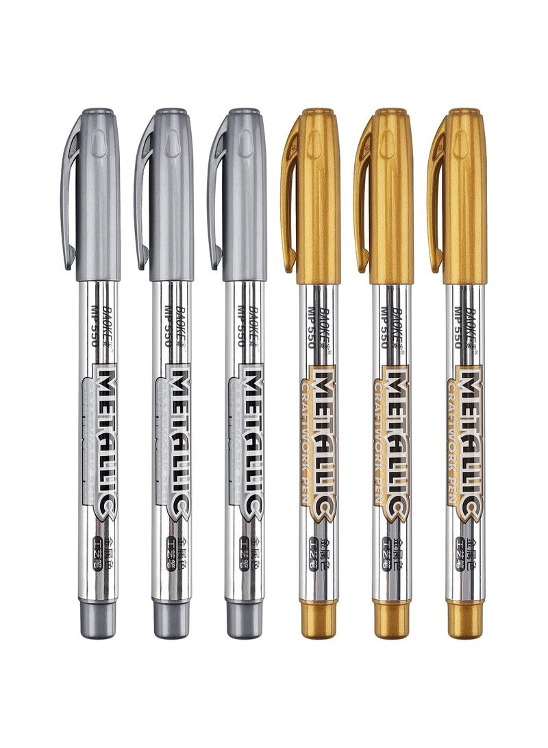 SOLARAE 6 Pcs Metallic Paint Marker Pens, Gold and Silver Metallic Permanent Markers, Painting Pens for Scrapbooking, Fabric, DIY Photo Album, Gift Card, Signature, Artist Illustration (3 Gold, 3 Silver) - Image 1