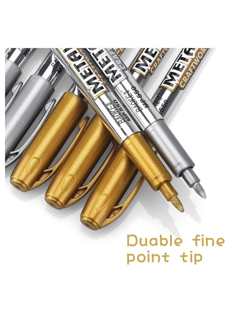 SOLARAE 6 Pcs Metallic Paint Marker Pens, Gold and Silver Metallic Permanent Markers, Painting Pens for Scrapbooking, Fabric, DIY Photo Album, Gift Card, Signature, Artist Illustration (3 Gold, 3 Silver) - Image 4