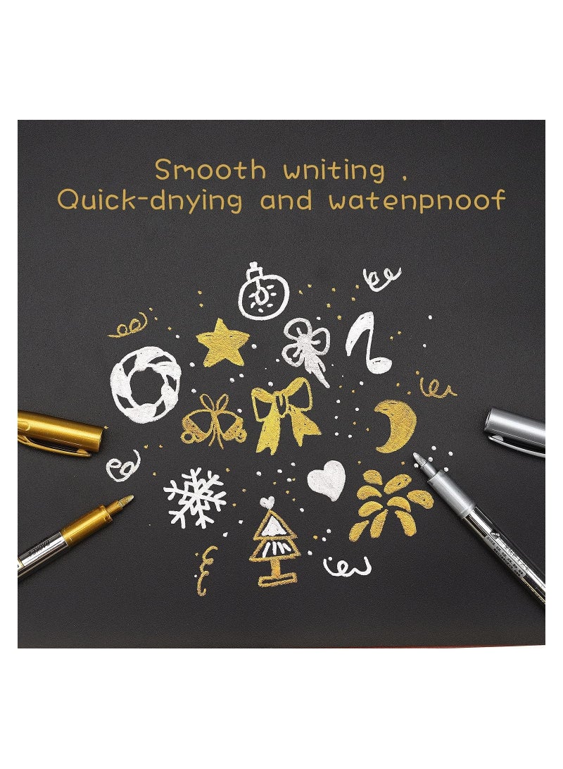 SOLARAE 6 Pcs Metallic Paint Marker Pens, Gold and Silver Metallic Permanent Markers, Painting Pens for Scrapbooking, Fabric, DIY Photo Album, Gift Card, Signature, Artist Illustration (3 Gold, 3 Silver) - Image 2