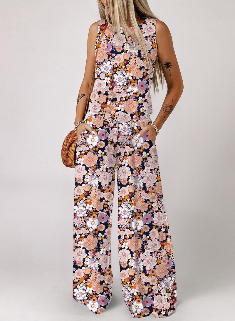 Dokotoo Boho Two Piece Sets for Women Floral Fashion Clothing Crew Neck Sleeveless Crop Top Wide Leg Pants Lounge Sets Resort Wear 2026 Summer Casual Ladies Clothes Match with Pocket Black - Image 3