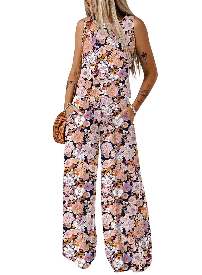 Dokotoo Boho Two Piece Sets for Women Floral Fashion Clothing Crew Neck Sleeveless Crop Top Wide Leg Pants Lounge Sets Resort Wear 2026 Summer Casual Ladies Clothes Match with Pocket Black - Image 1
