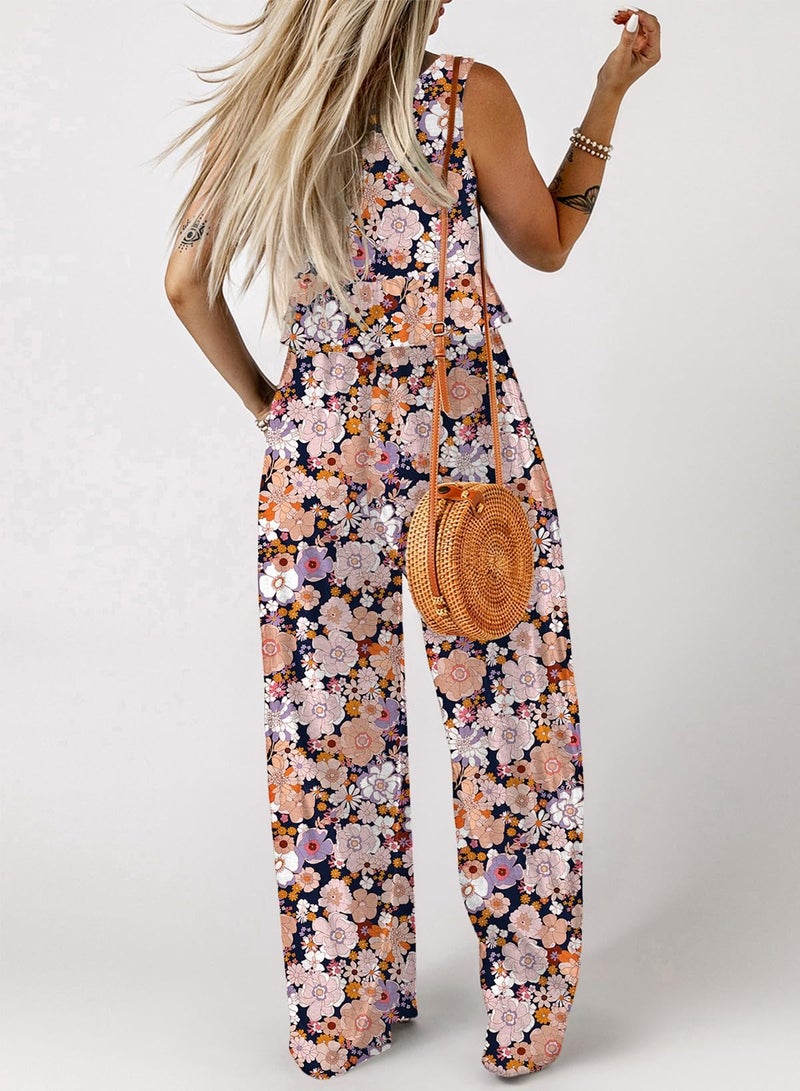 Dokotoo Boho Two Piece Sets for Women Floral Fashion Clothing Crew Neck Sleeveless Crop Top Wide Leg Pants Lounge Sets Resort Wear 2026 Summer Casual Ladies Clothes Match with Pocket Black - Image 2