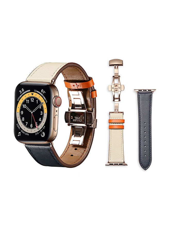 NIBEMINENT Genuine Leather Replacement Band For Apple Watch Series 6/SE/5/4/3/2/1 Indigo Cream