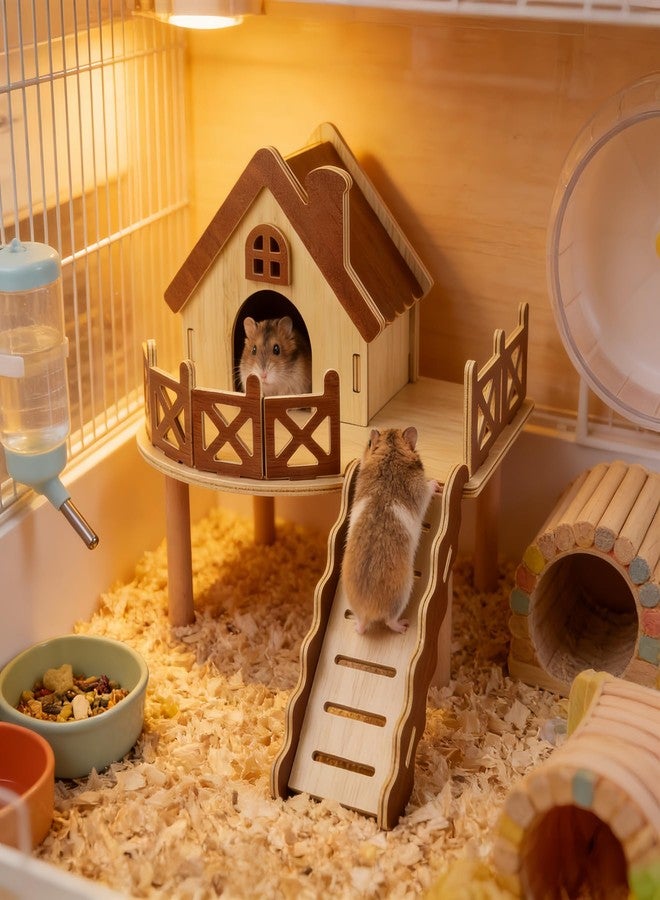 Dmnnlp Wooden Hamster House and Platform, Cute Guinea Pig Hideout, Hamsters Platform with Ladder, Hamster Cage Accessories, Small Animal Toys for Hiding Sleeping Activities Habitat Decor - Image 5