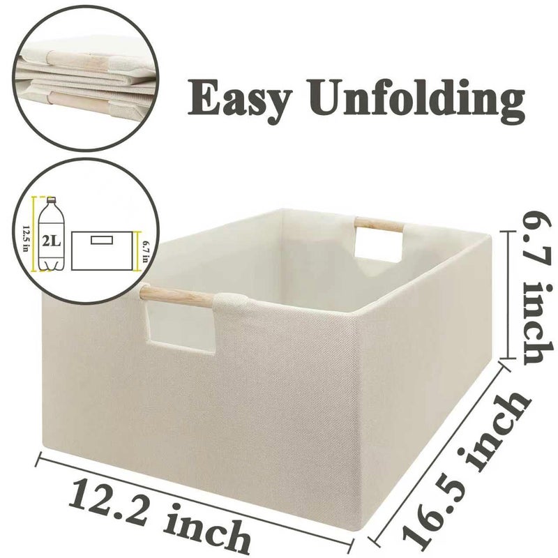 Jukercici Foldable Fabric Storage Cubes, 2 Packs Cloth Storage Baskets with Wooden Handles, Collapsible Shelf Closet Organizer Bins, Rectangular Storage Boxes for Decor (Beige) - Image 2