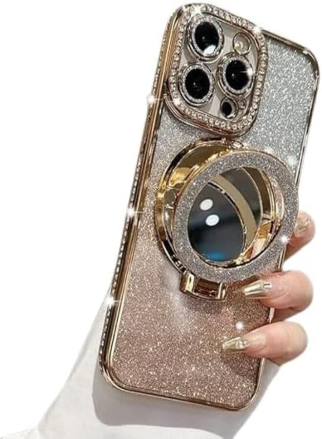 Next Next Store Compatible with iPhone 15 Pro Max Case, Camera Lens Protector, Bling Rhinestone Cover, Diamond Mirror Case - with Shiny Magnetic Stand, Supports Magnetic Charging. (Gold)
