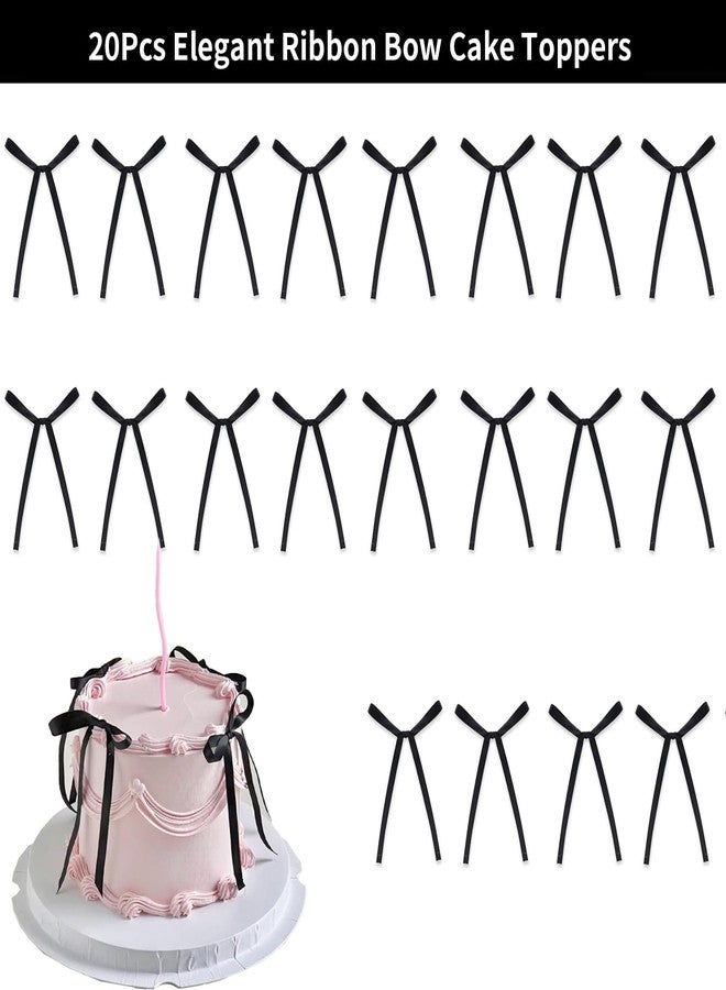 Doacpcr 20Pcs Black Bow Ribbon Cake Toppers, Bowknot Cake Toppers Coquette Birthday Party Cake Decorations for Wedding Graduation Bridal Baby Shower Bachelorette Party Supplies - Image 2