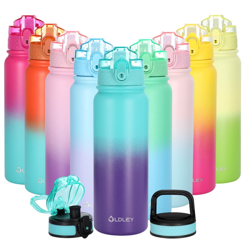 Oldley Insulated Water Bottle with Straw 20oz Stainless Steel Water Bottles with 3 lids DoubleWall Vacuum Thermal for Kids Adults School Sports AGreenpurple