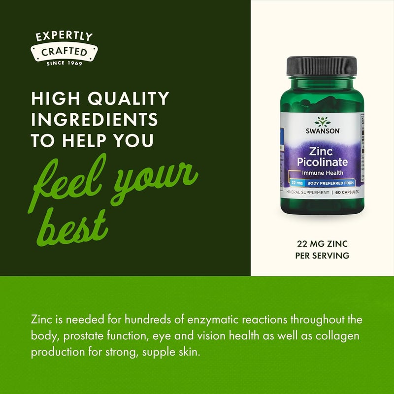 Swanson Zinc Picolinate  Mineral Supplement Promoting Prostate Health Vision Health  Immune Support  Body Preferred Form of Chelated Zinc  60 Capsules 22mg Each - Image 5