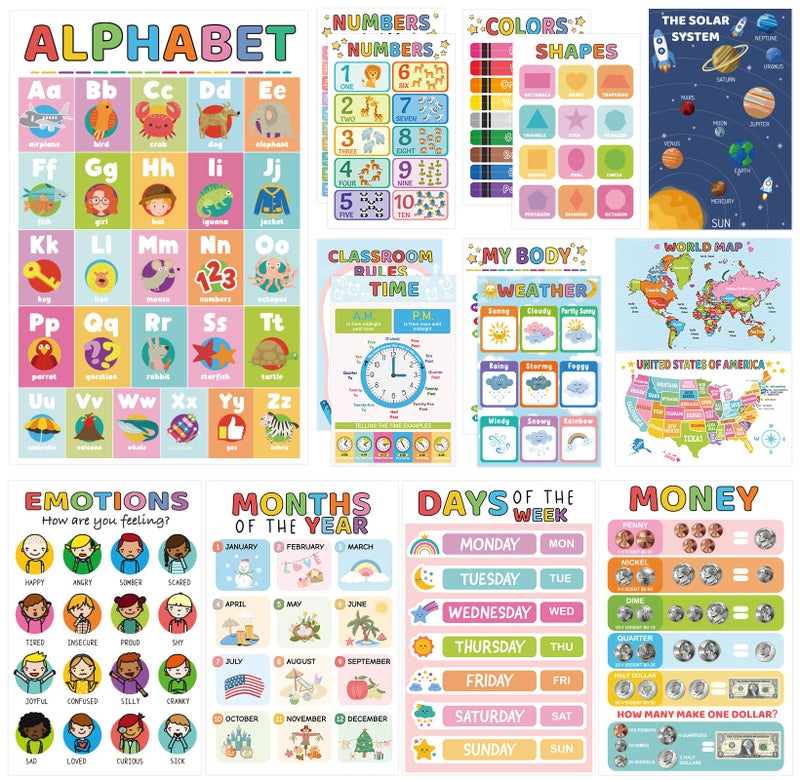 FloraSea 16 Educational Posters for Toddlers, Kindergarten Classroom Must Haves, Laminated Classroom Learning Posters, Preschool Homeschool Supplier Materials Alphabet Number Chart Classroom Wall Decor - Image 1