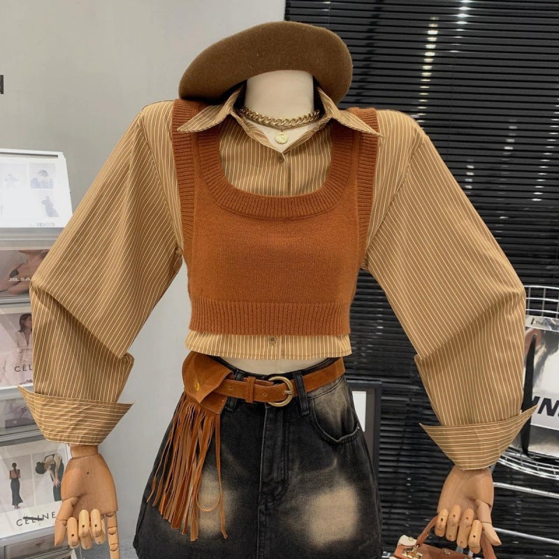 Autumn Knit Vest Stripe Shirt Womens Casual Two-Piece Set Single piece caramel color vest