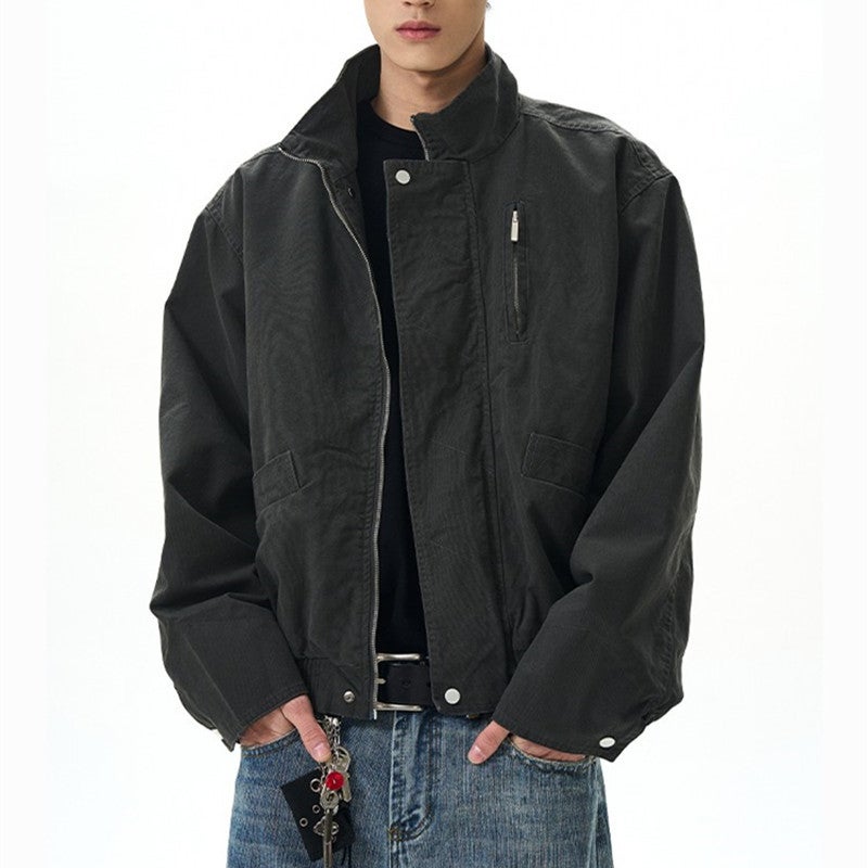 American Style Retro Vertical Collar Bomber Jacket for Men and Women Spring and Autumn New Short Barn Style Loose Casual Workwear Jacket Black 