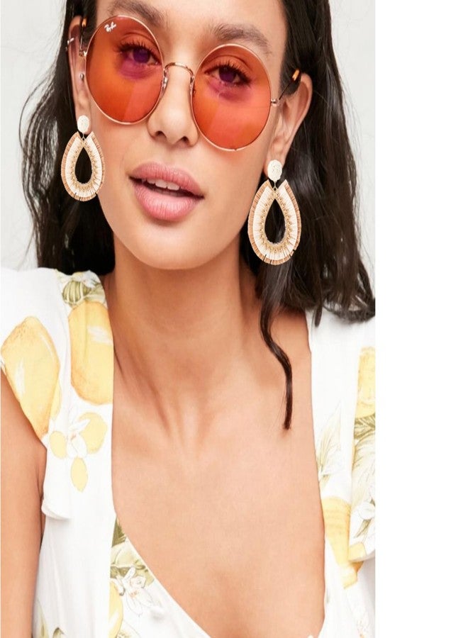 WCRAZYE Handmade Raffia Rattan Boho Teardrop Dangle Earrings for Women Colorful Straw Wrap Summer Earrings for Summer Beach Vacation Accessories (White-Brown) - Image 2
