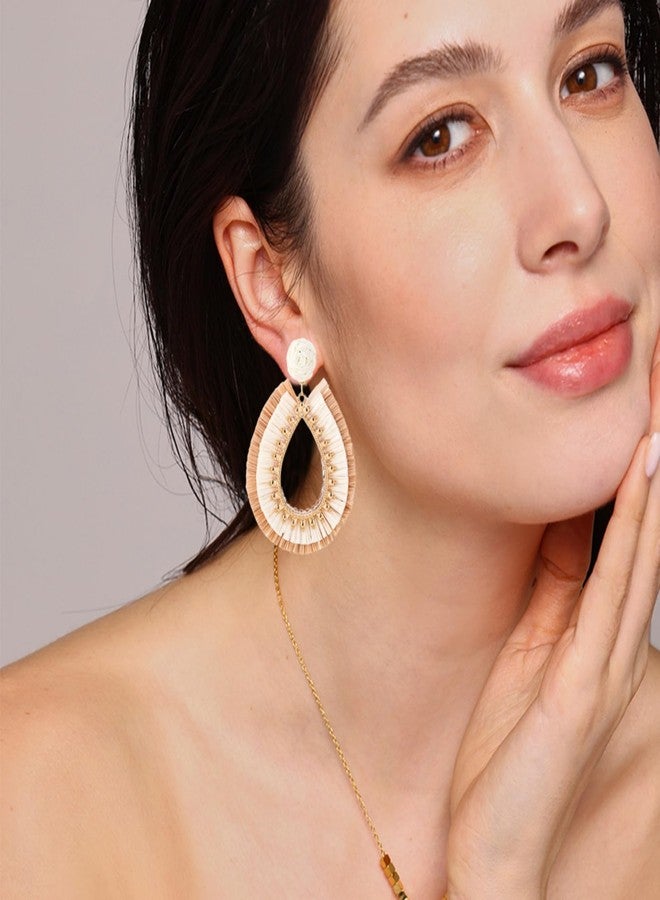 WCRAZYE Handmade Raffia Rattan Boho Teardrop Dangle Earrings for Women Colorful Straw Wrap Summer Earrings for Summer Beach Vacation Accessories (White-Brown) - Image 3