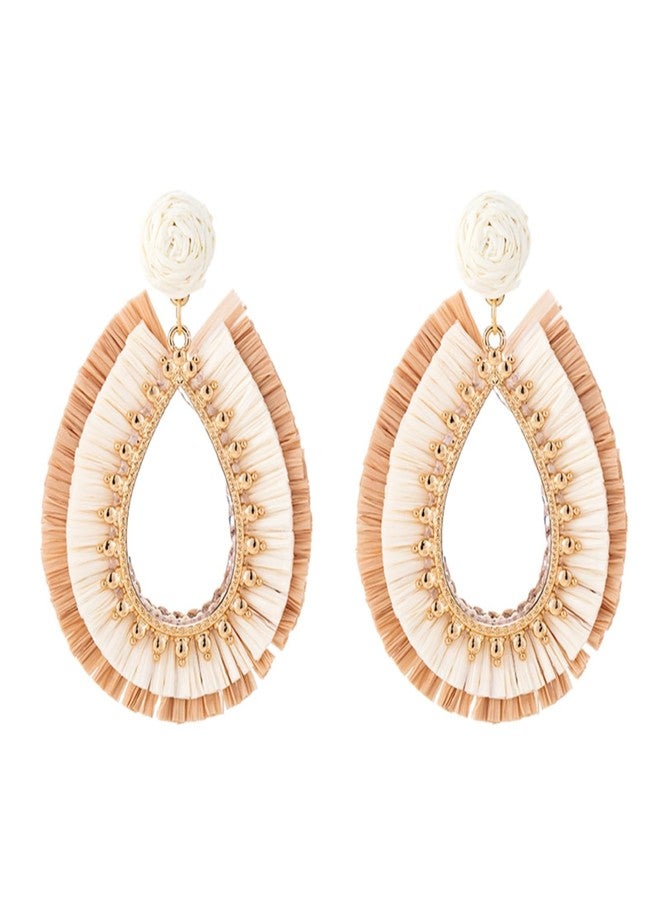 WCRAZYE Handmade Raffia Rattan Boho Teardrop Dangle Earrings for Women Colorful Straw Wrap Summer Earrings for Summer Beach Vacation Accessories (White-Brown) - Image 1
