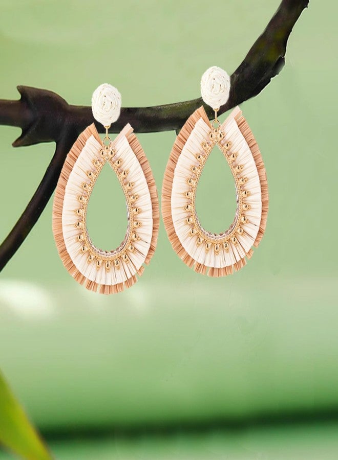 WCRAZYE Handmade Raffia Rattan Boho Teardrop Dangle Earrings for Women Colorful Straw Wrap Summer Earrings for Summer Beach Vacation Accessories (White-Brown) - Image 5