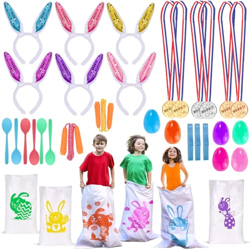 Atonofun 29 Pack Easter Games for Kids Outdoor Potato Jumping Bags Bunny Ears Headbands Egg Spoon Relay Races Legged Relay Race Bands for Easter Eggs Hunt Party Supplies - Image 1