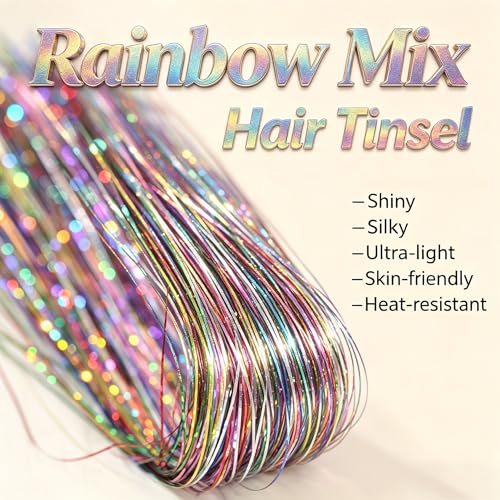 CelineBella Mixed Colors Rainbow Hair Tinsel Clip InShiny Hair Extensions80 StrandsPc24 Inches Heat Resistantfor Women Adults Christmas New Year Party Cosplay Daily Use - Image 3
