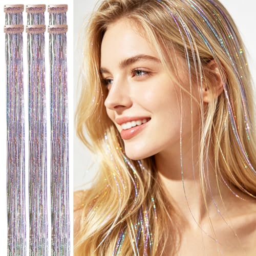 CelineBella Mixed Colors Rainbow Hair Tinsel Clip InShiny Hair Extensions80 StrandsPc24 Inches Heat Resistantfor Women Adults Christmas New Year Party Cosplay Daily Use - Image 1