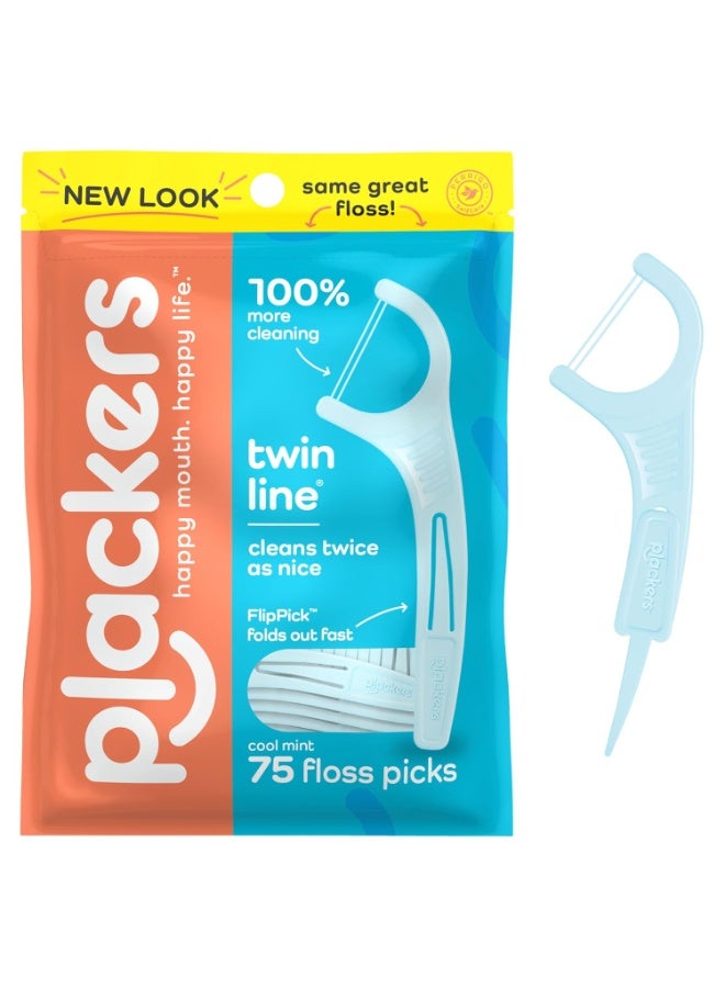 Plackers Twin Line Dental Floss Picks, Dual-Line Tuffloss, Easy Storage, Cool Mint Flavor, 75 Count - Image 1