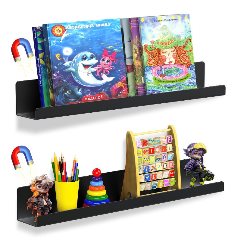 Gattlukd 2 Pack Magnetic Book Shelf for Whiteboard - 17 Inch Reusable Metal Magnetic Shelves, Holds 12 lbs, Magnetic Book Display for Classrooms, Kitchen, Kids' Room - New Black - Image 1